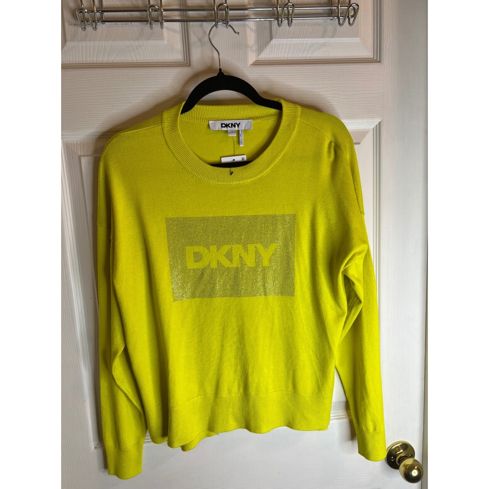 DKNY Women's Neon Yellow Sparkle Logo‎ Crew Neck Sweater Long Sleeve size S